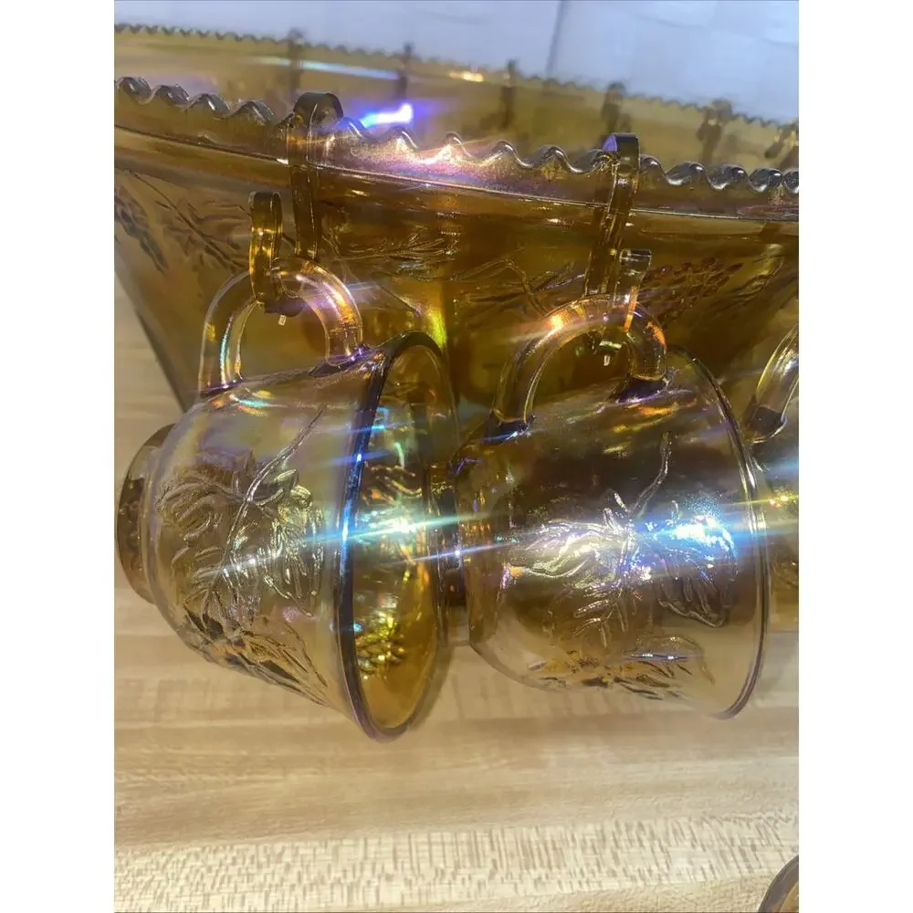 60s 70s Indiana Glass Iridescent Marigold Carnival Glass Punch Bowl 12 Cup Set